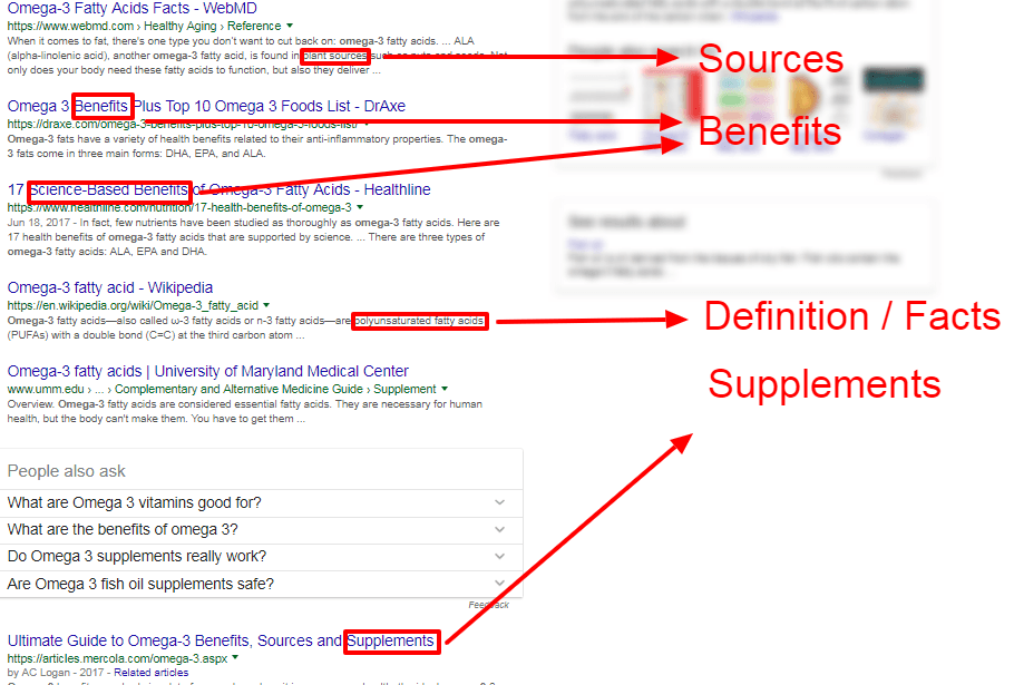 Google search engine results page (SERP) for the search term "omega 3".