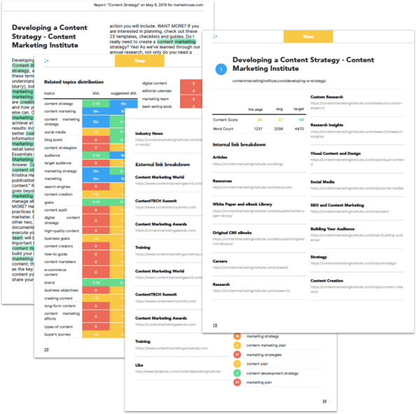 Screenshot of the Page Breakdown section of a MarketMuse Topic Report.