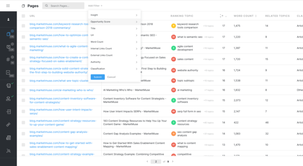 Screenshot of MarketMuse Page Inventory with dropdown menu for filtering.