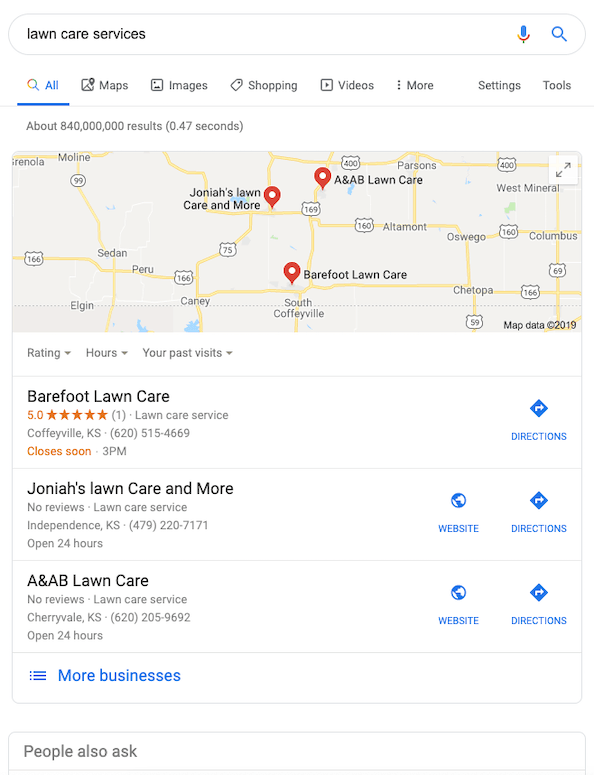 Partial screenshot of Google search results page for the term "lawn care services".