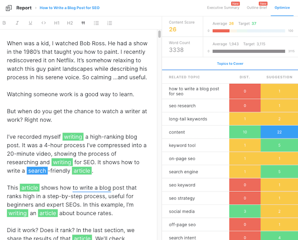 Screenshot of MarketMuse Content Brief Outline showing optimize application.