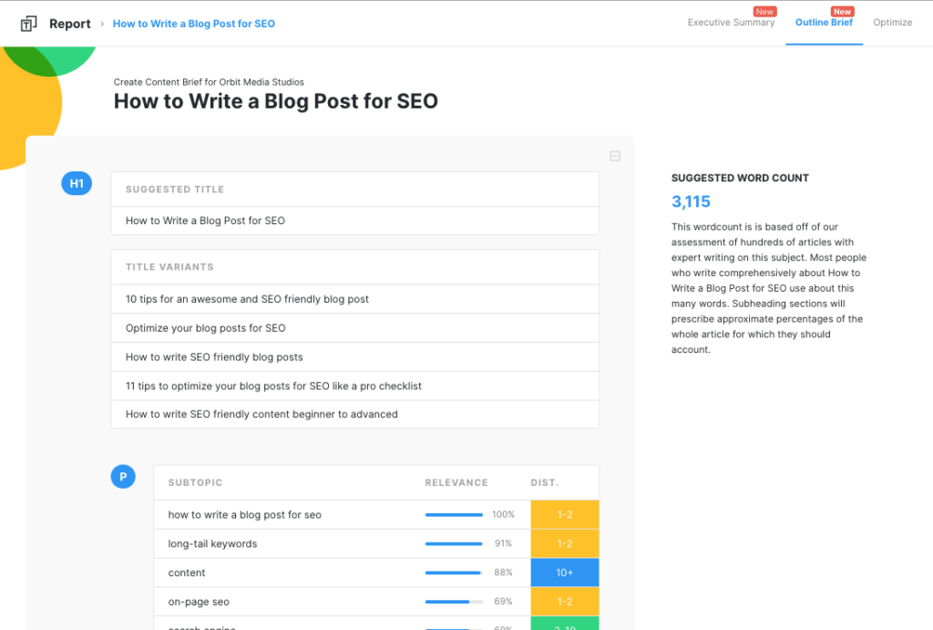 Screenshot of MarketMuse Content Brief Outline showing recommended word count, title, and related topics.