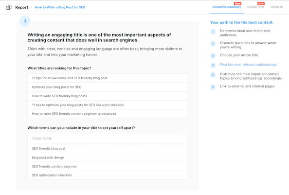 Screenshot of MarketMuse Content Brief Executive Summary showing suggested article titles.