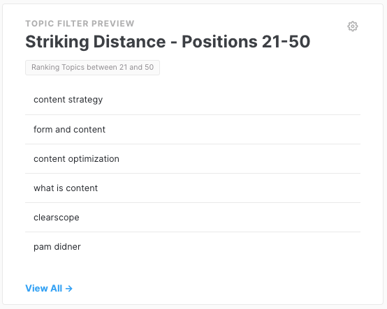 MarketMuse Dashboard Topic Filter showing topics of pages ranking 21 to 50 in the Google SERP.