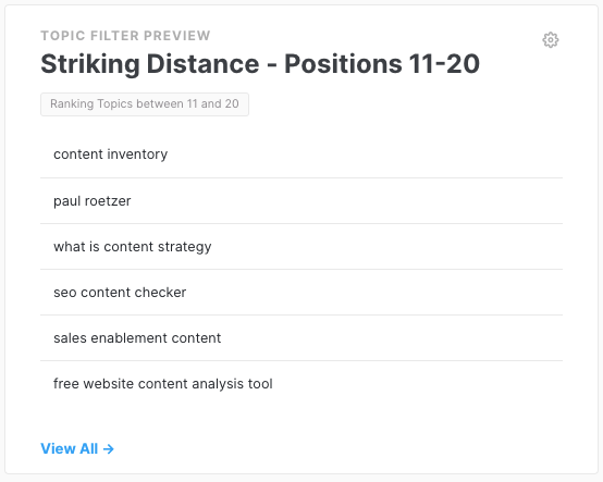 MarketMuse Dashboard Topic Filter showing topics of pages ranking 11 to 20 in the Google SERP.