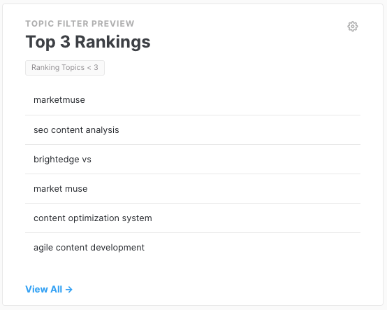 MarketMuse Dashboard Topic Filter showing topics for which pages rank in the top 3.