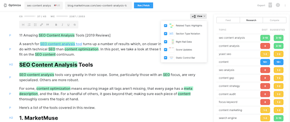 MarketMuse Optimize showing complete screen layout.