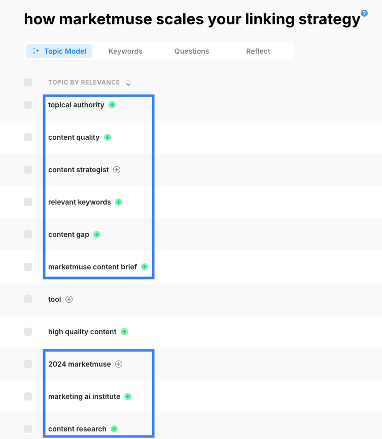 MarketMuse Research showing topics that are less closely related.