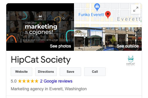 Google My Business entry for HipCat Society displays 2 photos, start rating, entity description, plus navigation buttons.