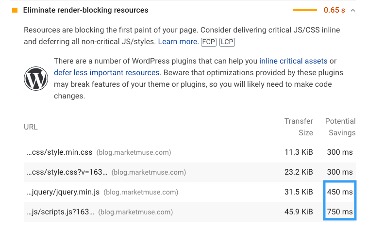 PageSpeed Insights showing impact of JavaScript on page load time.