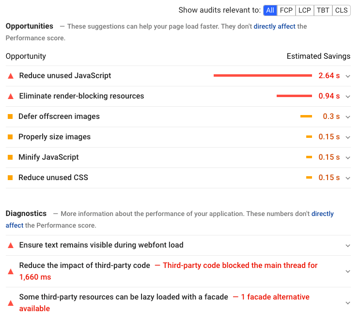 PageSpeed Insights audit listing improvement opportunities and diagnostics.