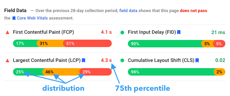 Page Speed Insight Report showing metrics along with their distribution and the 75th percentile score.