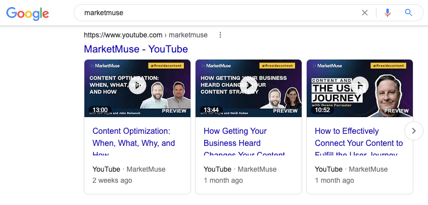 Google SERP with YouTube box showing thumbnail and title of three videos from MarketMuse official YouTube channel.