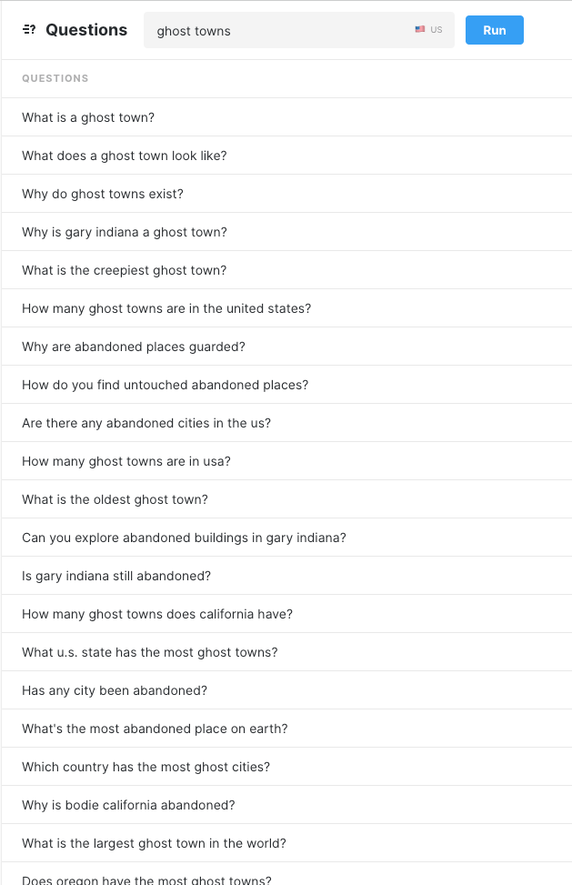 A list of questions output from MarketMuse Questions application.