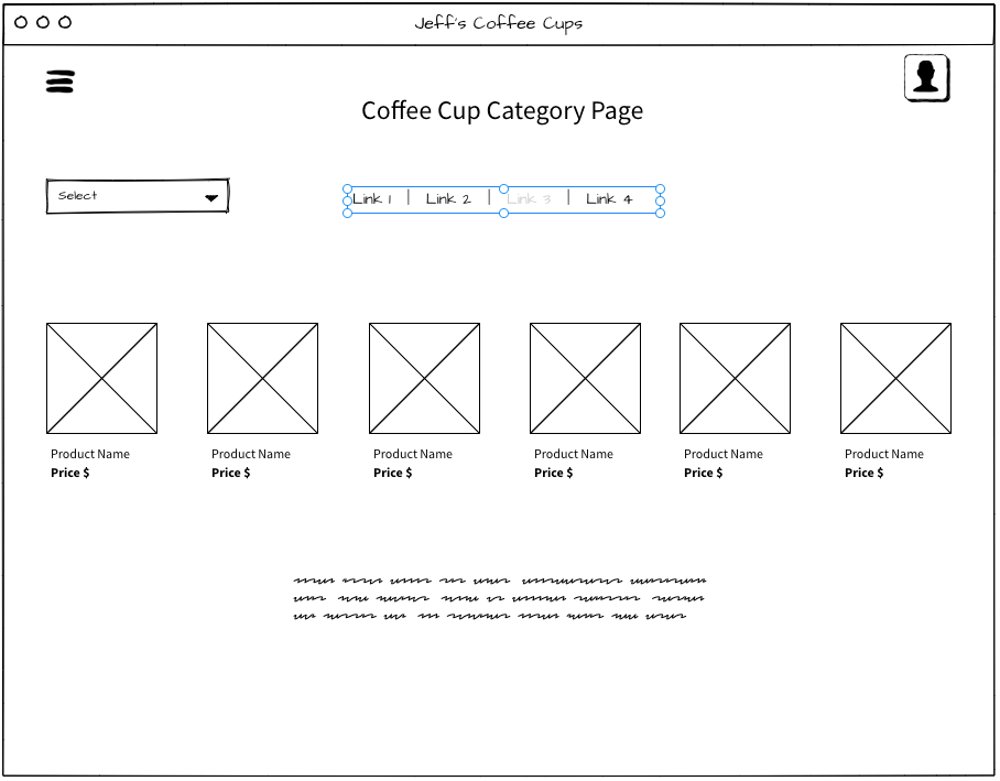 A wireframe of an ecommerce category page showing a few products with some additional text and links.